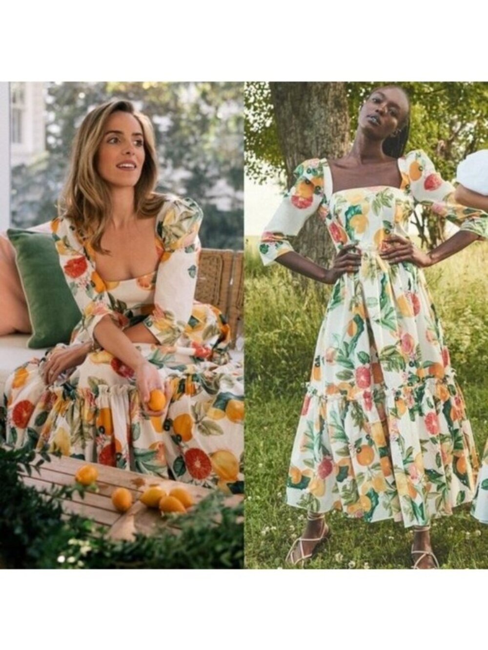 Cara Cara Blue Hill Citrus Fruit Print Cotton Tiered Maxi Dress Size 2